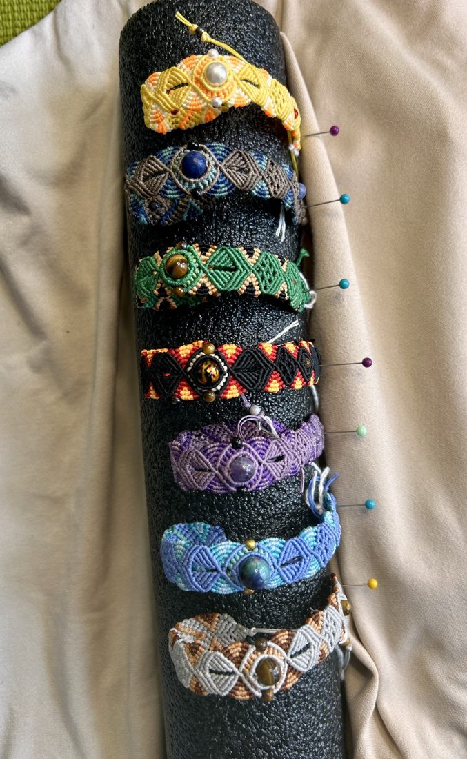 Row of handmade macramé bracelets